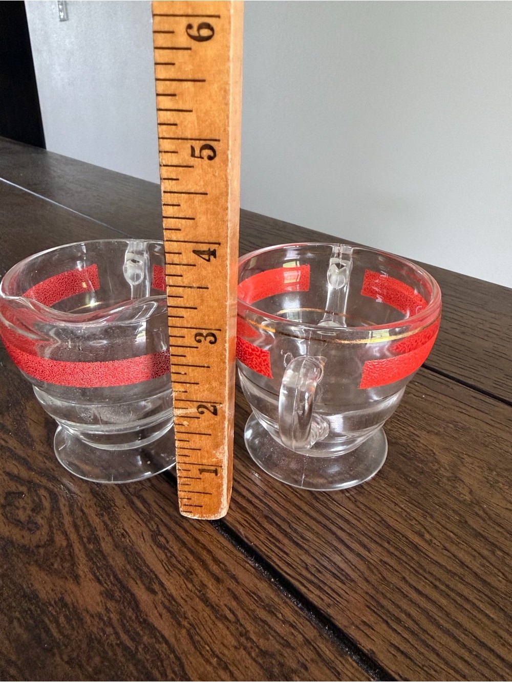 Kent Glass Sugar Bowl & Creamer Set w/ Textured Red Stripe & Gold Band 1950s - Picture 13 of 14